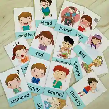 14pcs Animacinių filmų Emocinės Išraiškos anglų kalbos Žodžių Korteles Montessori anglų kalbos Mokymosi Korteles Vaikai Ankstyvojo Ugdymo Atminties Žaislai