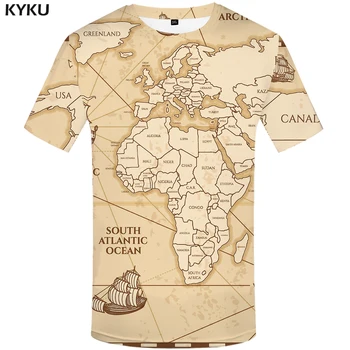 KYKU Pasaulio Žemėlapyje T marškinėliai Vyrams Vintage marškinėliai 3d Burlaivis Marškinėlius Homme Geometrinis Spausdinti Tshirts Atsitiktinis Trumpas Rankovės Naujas Roko Vyras