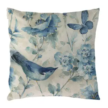 45cm*45cm Mėlynos gėlės ir mėlyna paukščių modelio lino/medvilnės pagalvėlė padengti ir sofa pagalvės užvalkalą Namų dekoratyvinę pagalvę padengti 1682