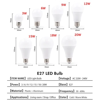 6pcs/daug Lampada LED Lempos, E27 E14 Lemputės 3W 6W 9W 12W 15W 18W 220V 20W Šalta Balta Šilta Balta Svetainės Patalpų Apšvietimas