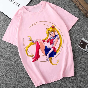 Sailor Moon 90s Juokinga Rausvos spalvos Marškinėliai Harajuku Drabužius Marškinėlius Estetinės Katė Anime Madinga T-shirt Kawaii Grafinis Tees Moterims