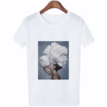 Camisetas Verano Mujer 2019 Harajuku Estetika Marškinėlius Lady Gėlių, Plunksnų Trumpas Rankovės Baltos Viršūnės Tees Atsitiktinis Pora T-shirt